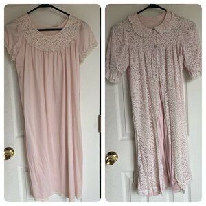Vtg 1960's 2 Piece Ensemble Negligees Lingerie Pink & White Lace Nightgown Robe